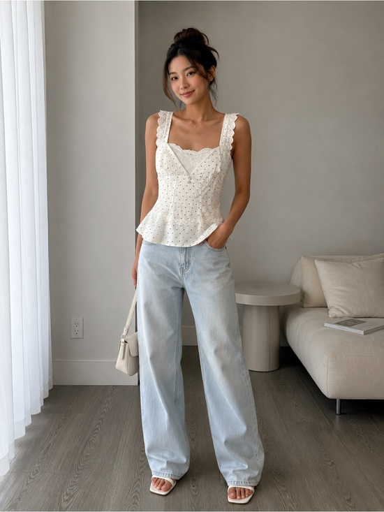 Tops - White Eyelet Polka Dot Lace Peplum Tank Top - UNIQUE One-of-a-Kind Keltis brand